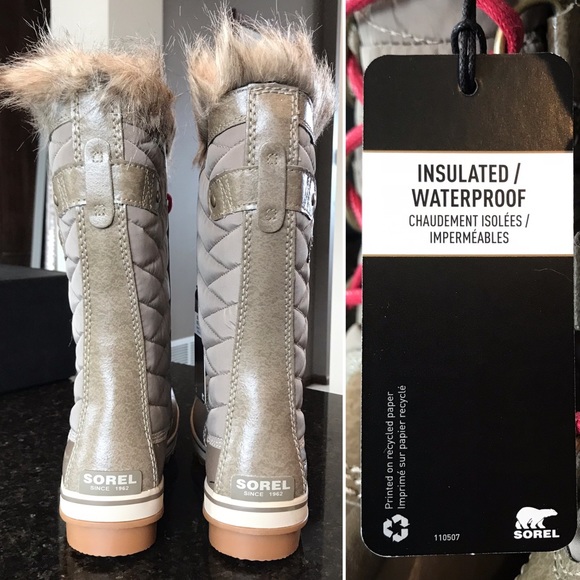 New Sorel Tofino II Boot, Khaki Waterproof Winter Boots, Gold Faux Fur Glam Boot - Picture 5 of 16